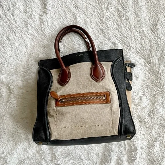 Auth Celine Calfskin Canvas Mini Tricolor Tri-Color Luggage Tote Bag - Picture 7 of 15